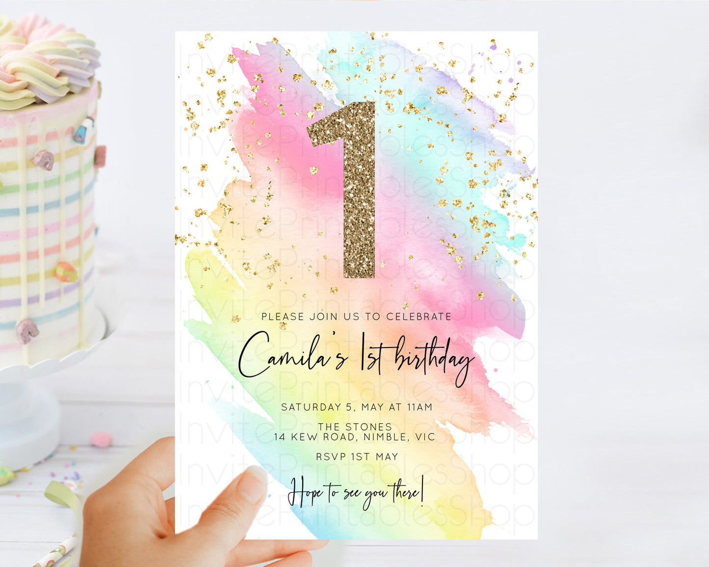 Rainbow Birthday Invitation Colorful Pastel Watercolor Invitation Gold Glitter Sprinkles Ombre Pastel 1st 2nd 3rd Birthday D10495