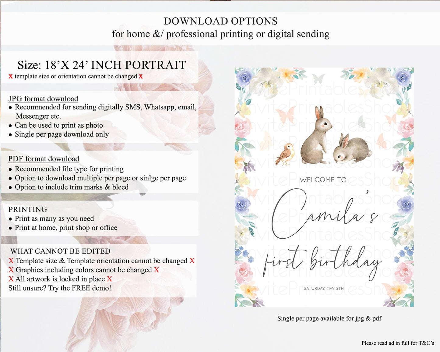 Bunny Welcome Sign Floral Bunny Welcome Board Pastel Flowers Woodland Bunny Welcome Poster Forest Bunny First Birthday Welcome Sign D10928