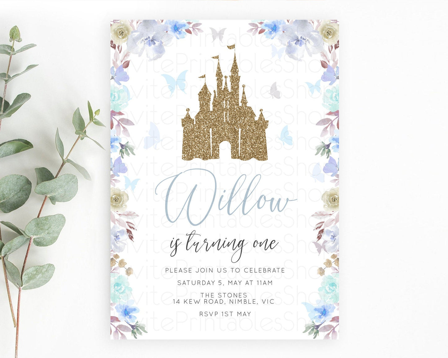 Princess Birthday Invitation Castle Invitation Royal Birthday Fairy Tale Enchanted Castle Pastel Floral Garden 1st First Birthday D10932