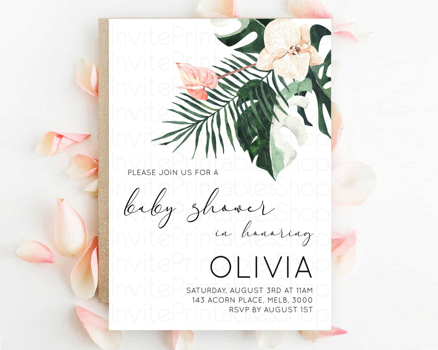 Tropical baby Shower Invitation Tropical Floral Baby Shower Invitation Palm Leaf Fern Invitation Frangipani White Orchid Invitation D11016