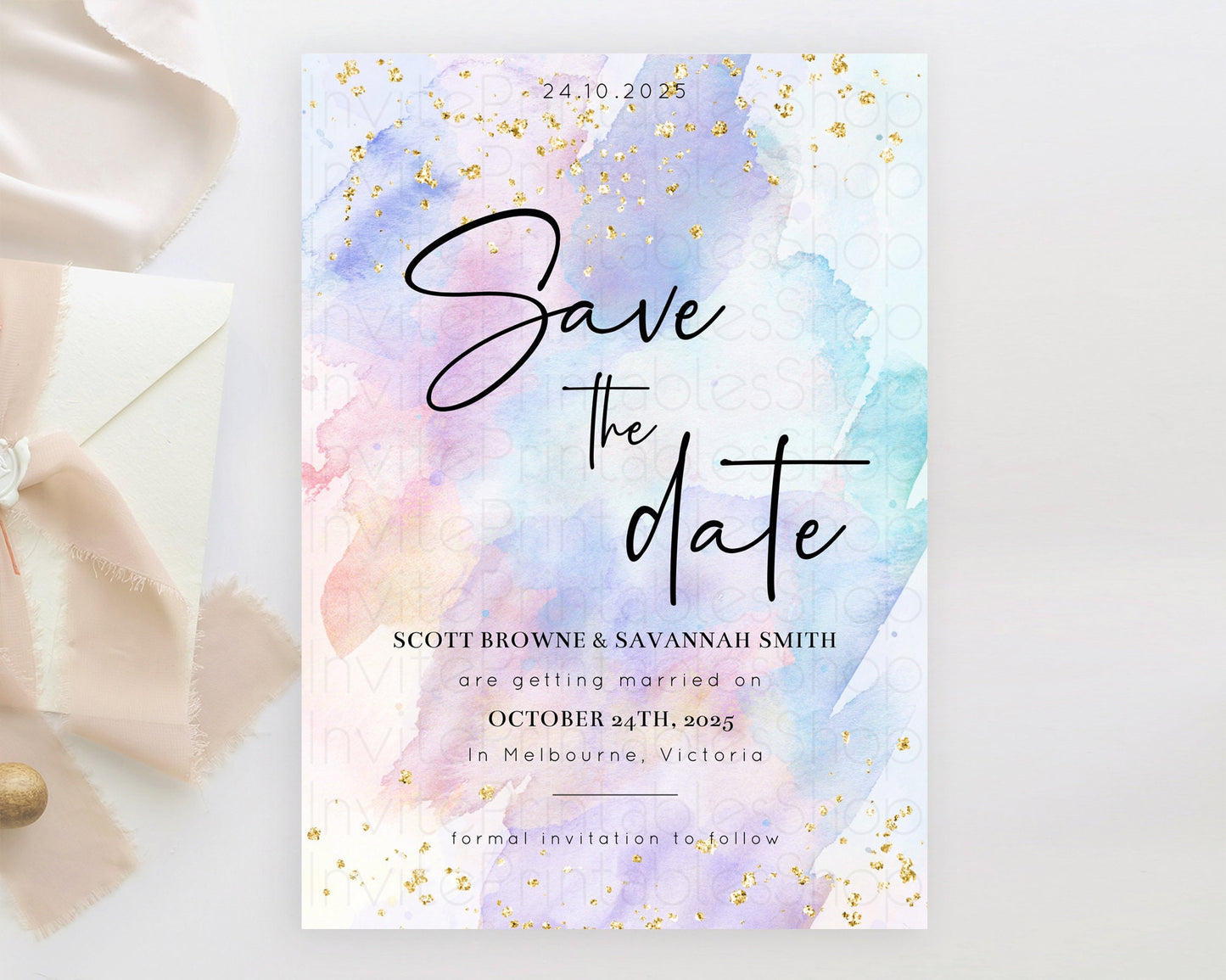 Pastel Save The Date Template Pastel Ombre Rainbow Watercolor Colorful Party For Birthday Baptism Baby Shower Wedding Bridal Shower D10585