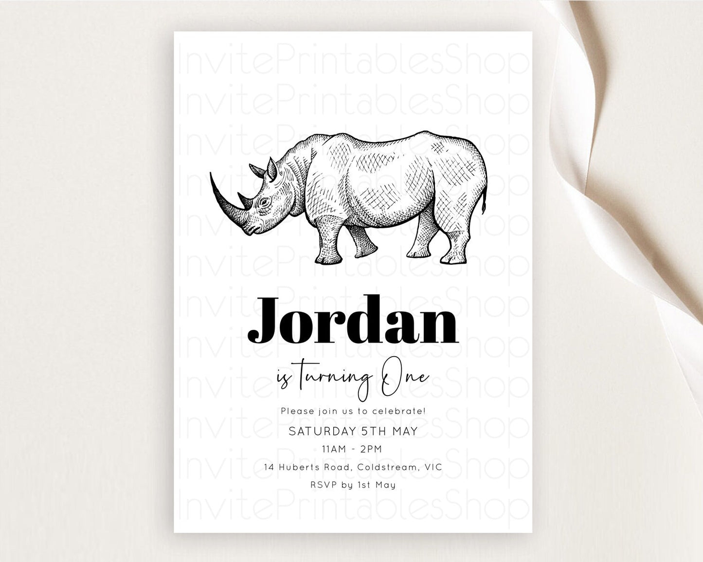 Rhino Birthday Invitation Rhino Invitation Rhino Birthday Rhino Safari Adventure Invite Rhino Palm Leaf Invite Zoo Party D10253