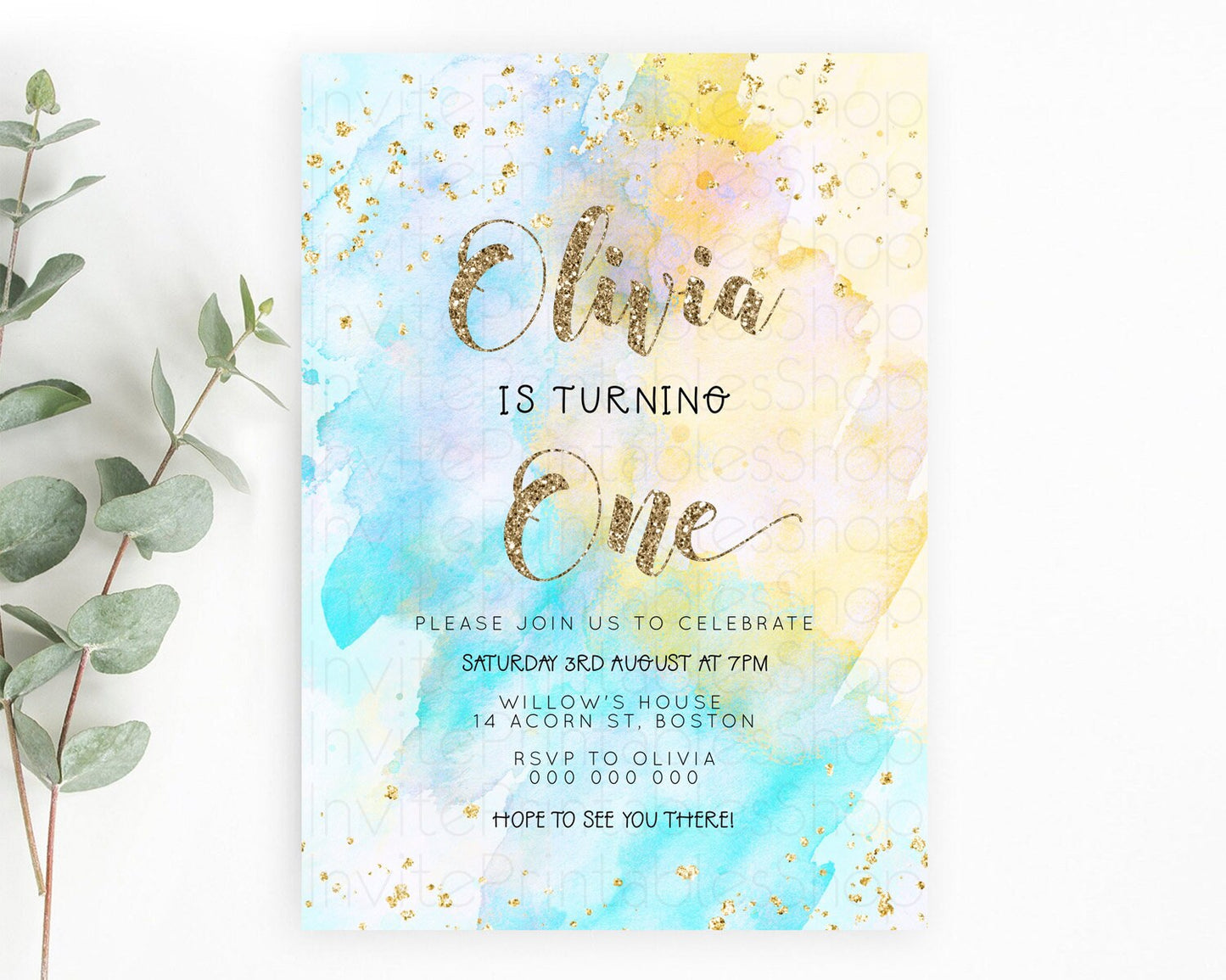 Rainbow Birthday Invitation Colorful Pastel Watercolor Invitation Gold Glitter Sprinkles Ombre Pastel 1st 2nd 3rd Birthday D23301