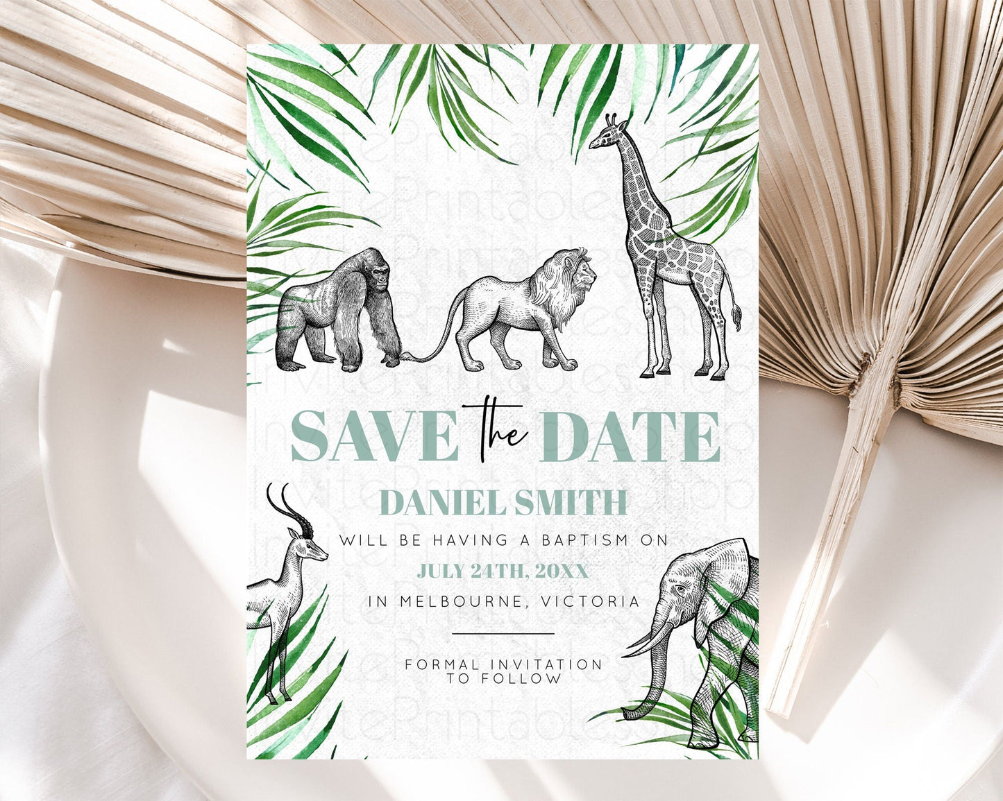Safari Save The Date Template Lion Gorilla Elephant Rhino Animals Party Tropical Palm Zoo Theme For 1st Birthday Baptism Baby Shower D10853