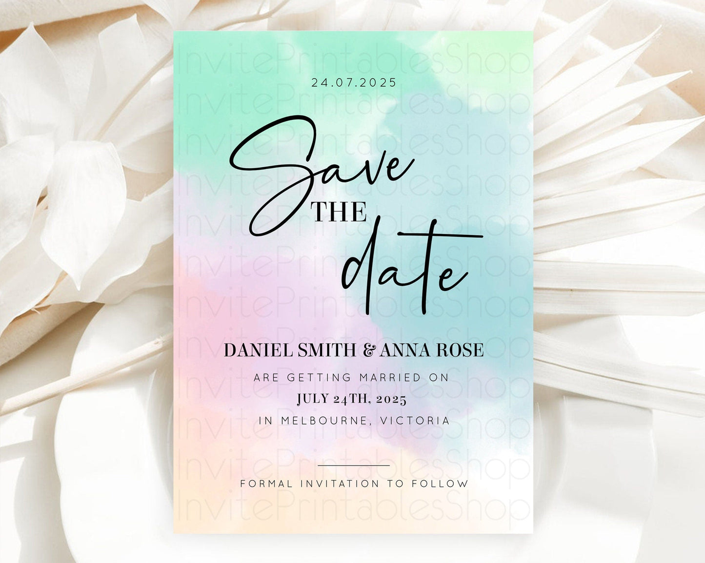 Pastel Save The Date Template Pastel Ombre Rainbow Watercolor Colorful Party For Birthday Baptism Baby Shower Wedding Bridal Shower D10375