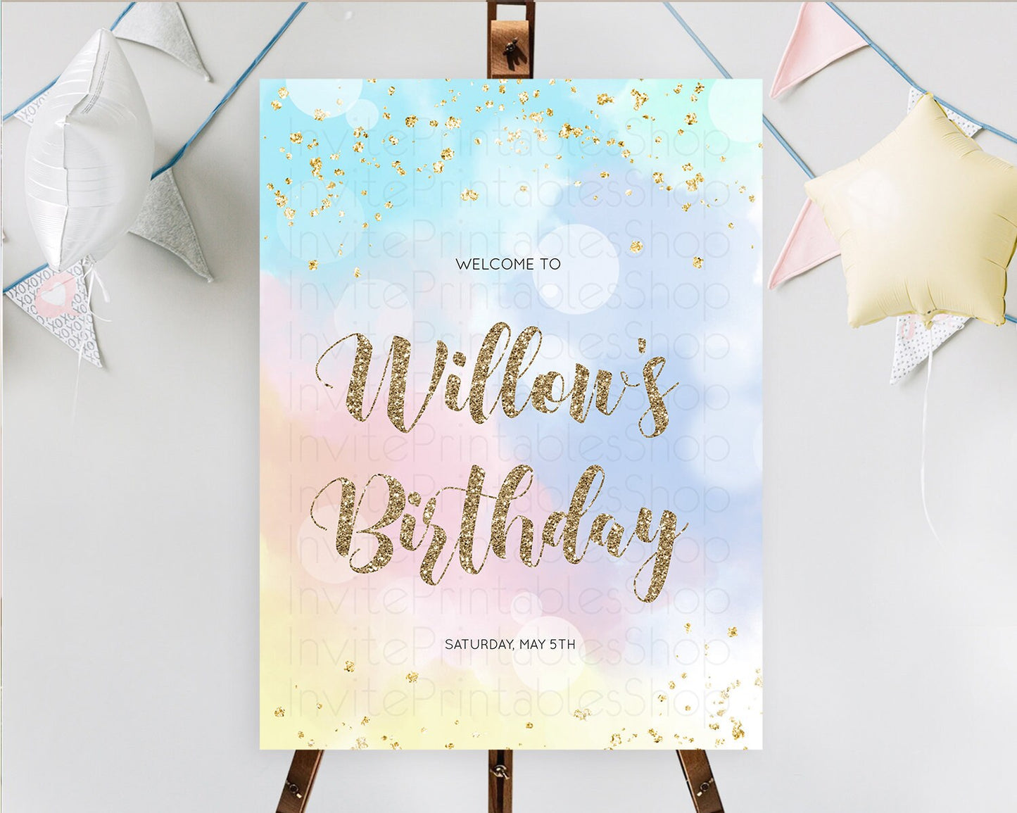 Pastel Welcome Sign Pastel Rainbow Welcome Sign Colorful Rainbow Confetti Watercolor Glitter Pastel First Birthday Welcome Sign D10367