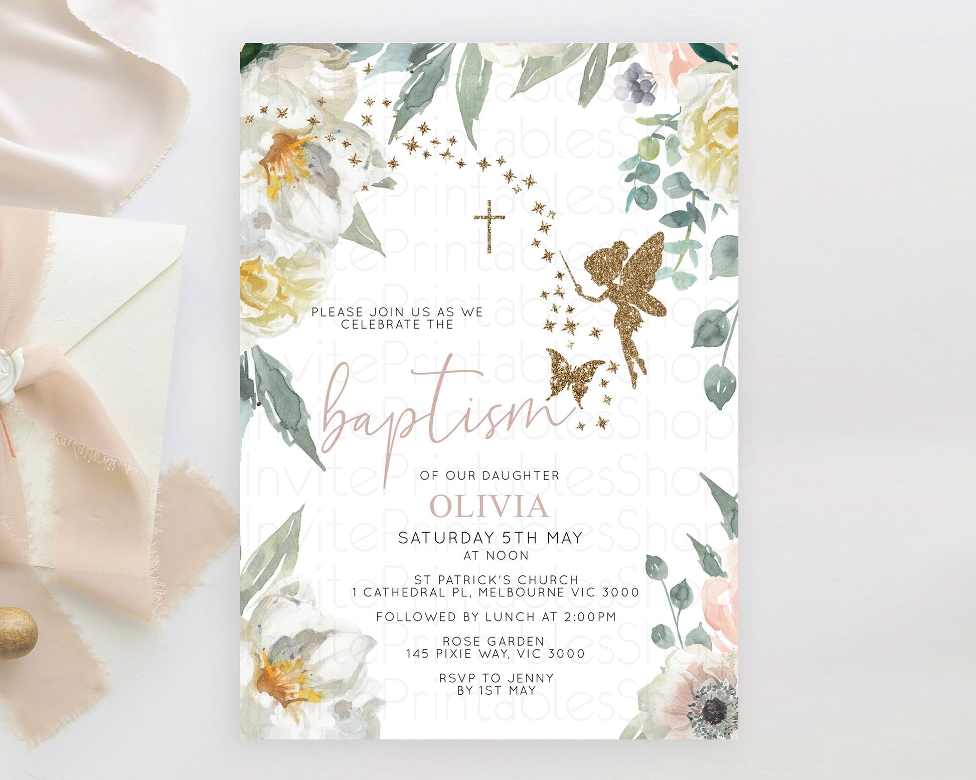 Editable Fairy Baptism Invitation Fairy Baptism 1st Birthday Invitation Ench