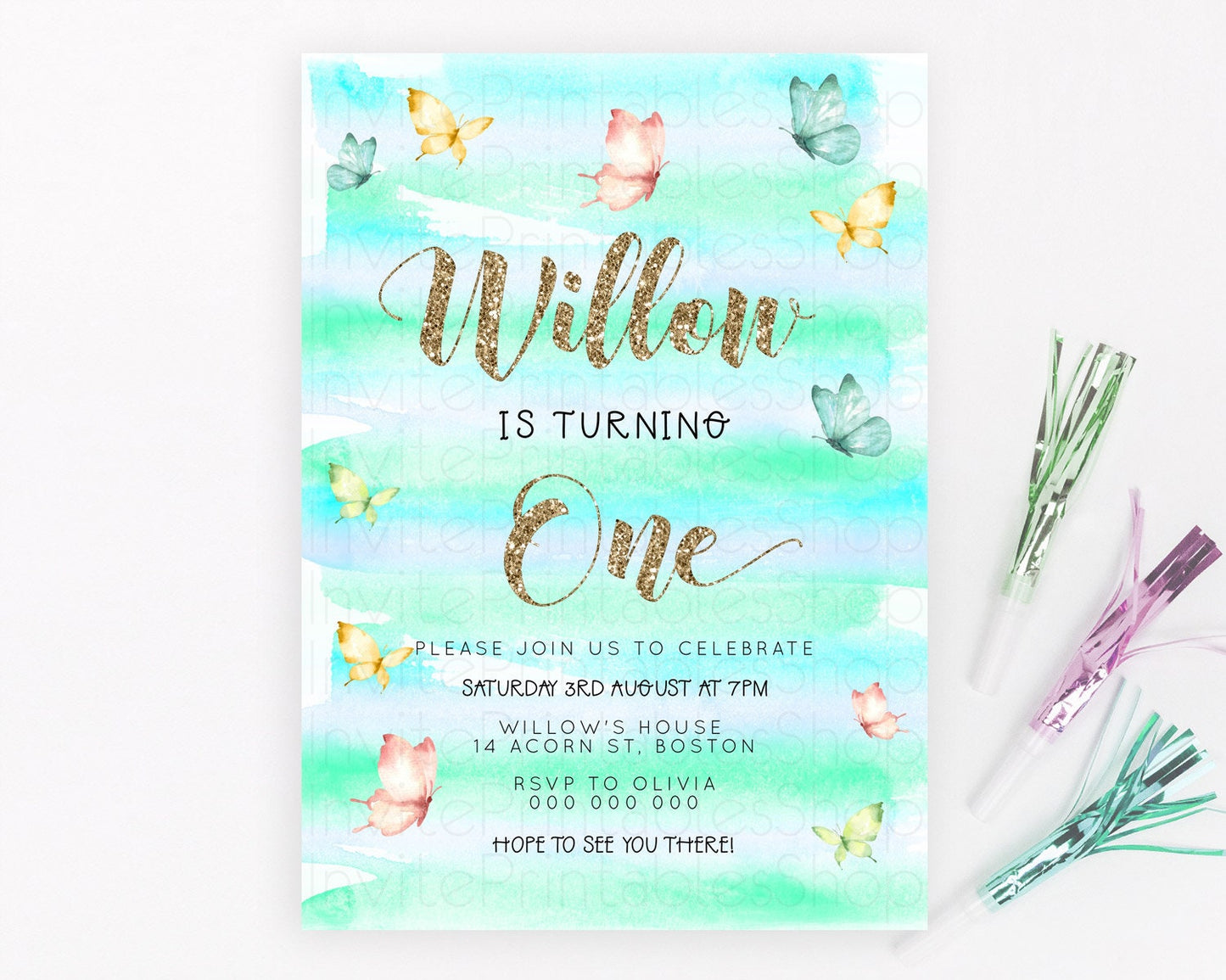 Pastel Butterfly Birthday Invitation Butterfly Birthday Invitation Colorful Splash Glitter Butterfly Garden 1st 2nd Birthday D23220