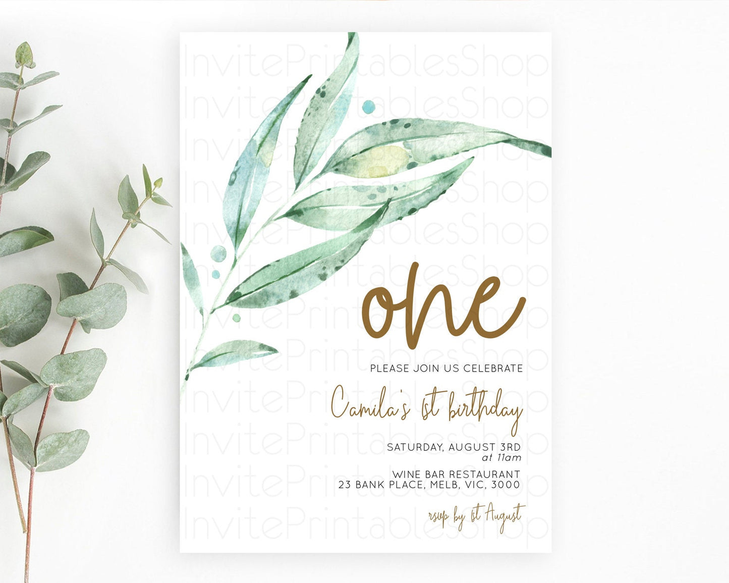 Leafy Birthday Invitation Leafy Invitation Simple Greenery Invitation Eucalyptus Fern Spray Leaves Minimal Green Leaf Watercolour D11014