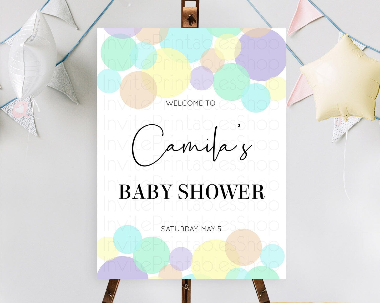 Rainbow Baby Shower Welcome Sign Pastel Welcome Board Pastel Rainbow Confetti Welcome Sign Colorful Bubbles Pastel Welcome Sign D10414