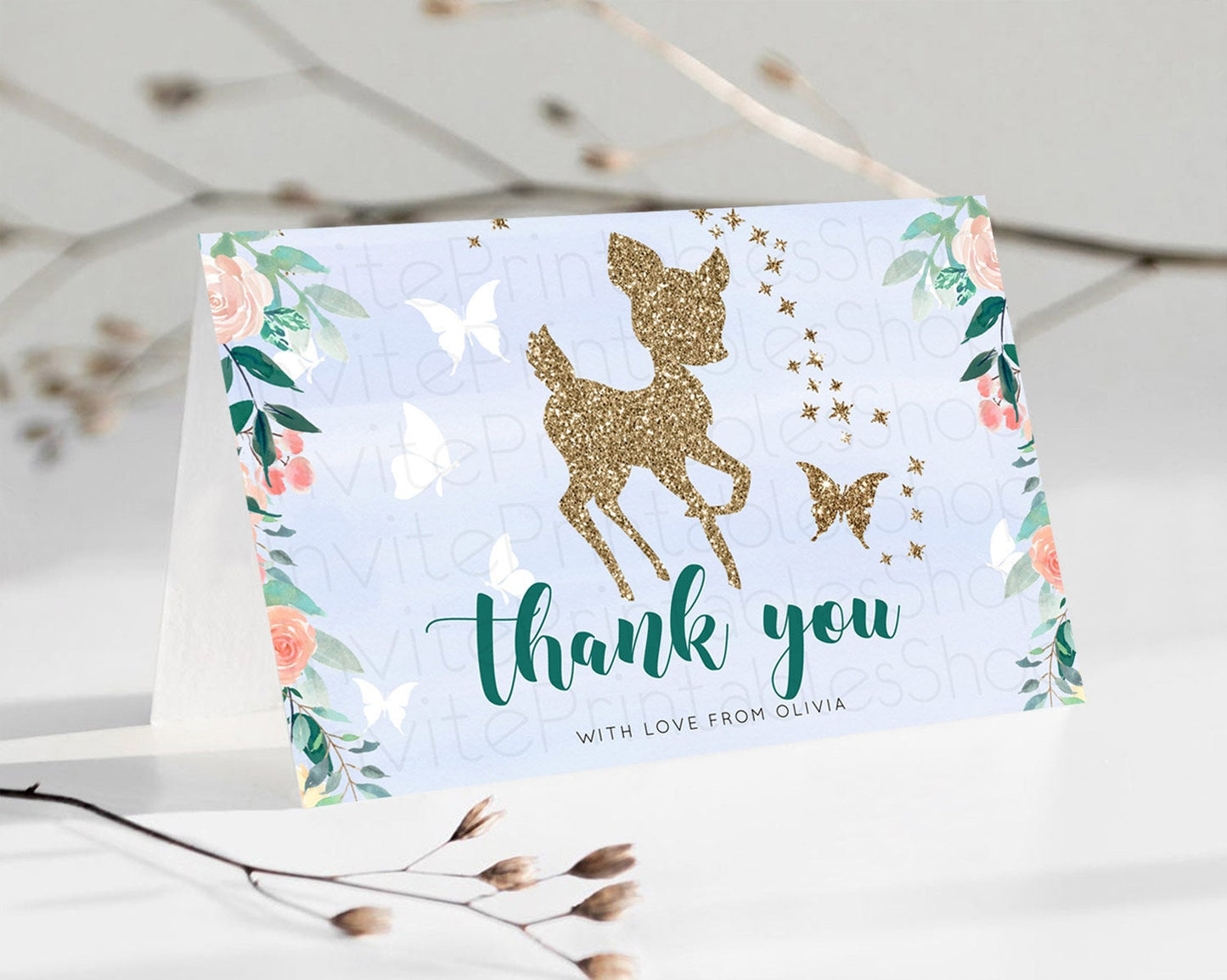 Editable Fawn Thank You Deer Thank You Card Pastel Floral Deer Birthday Than