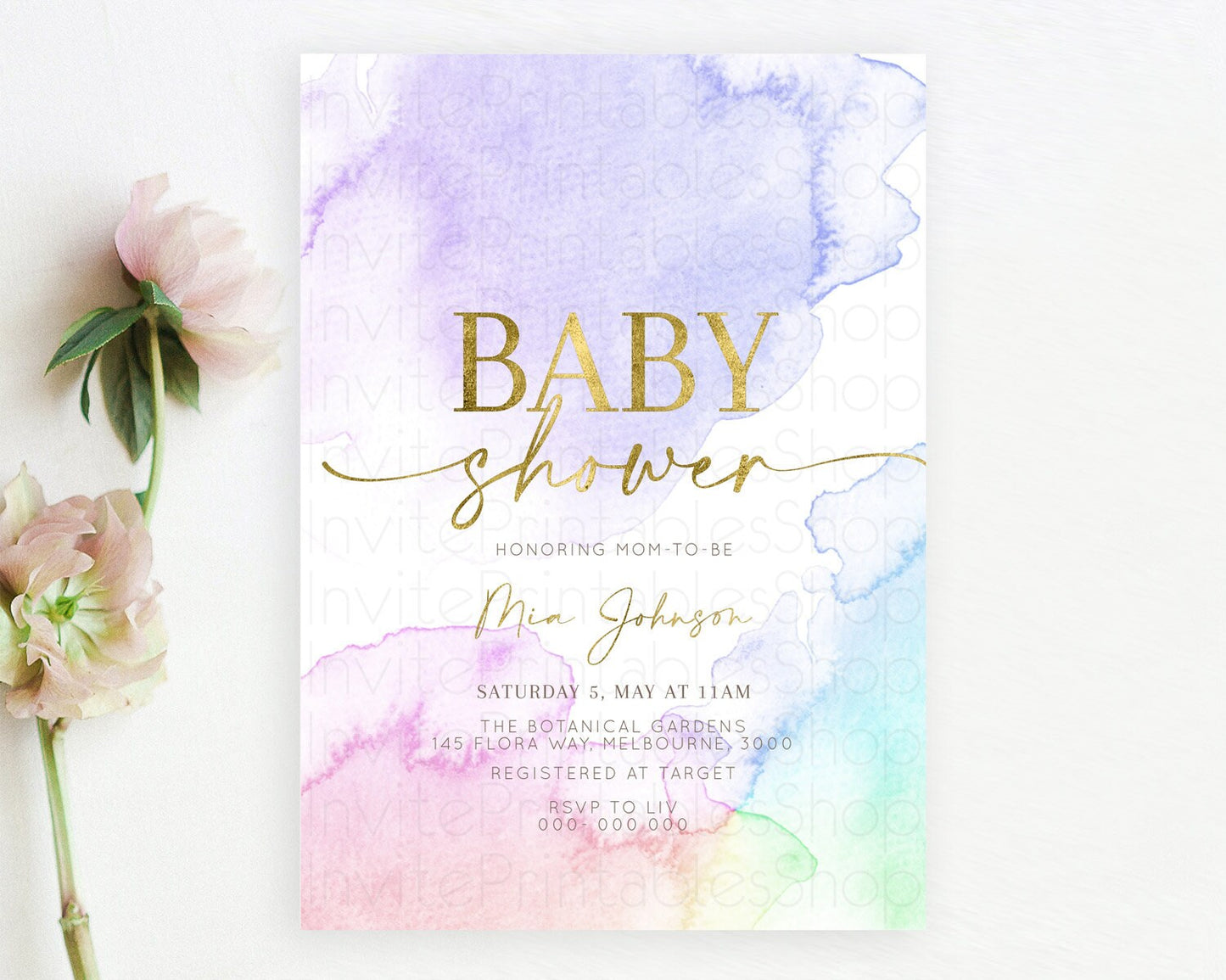 Pastel Baby Shower Invitation Rainbow Baby Shower Invitation Colorful Pastel Watercolor Invitation Gold Glitter Sprinkles Ombre D10215