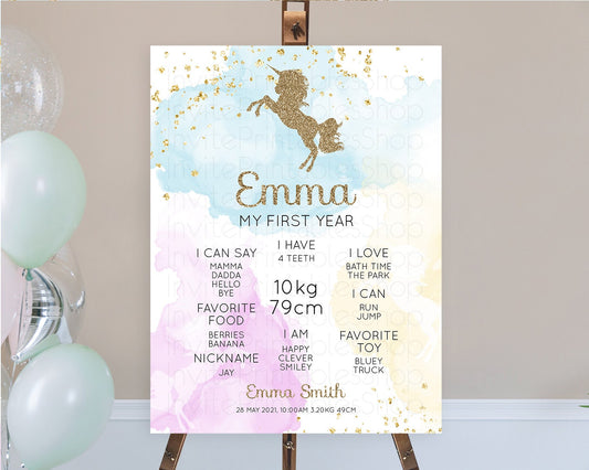 Unicorn Rainbow First Birthday Milestone Poster Pastel Milestone Board Magical Ombre Colorful Watercolor Glitter First Birthday Sign D10114