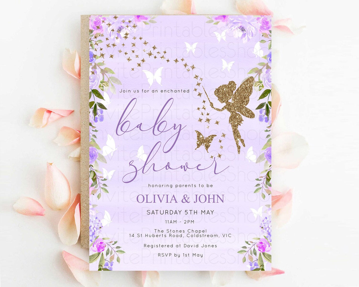 Fairy Baby Shower Invitation, Enchanted Fairy Garden, Secret Garden, Pixie Tea Party, Pastel Purple Flowers, Glitter and Butterflies D10910