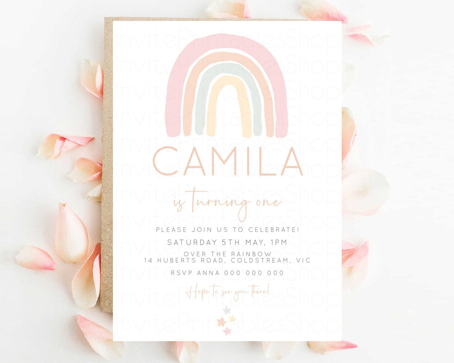 Boho Rainbow Birthday Invitation Colorful Pastel Invitation Heart Rainbow Invite Watercolor Orange Green Blue Pink 1st 2nd 3rd Birthday 14