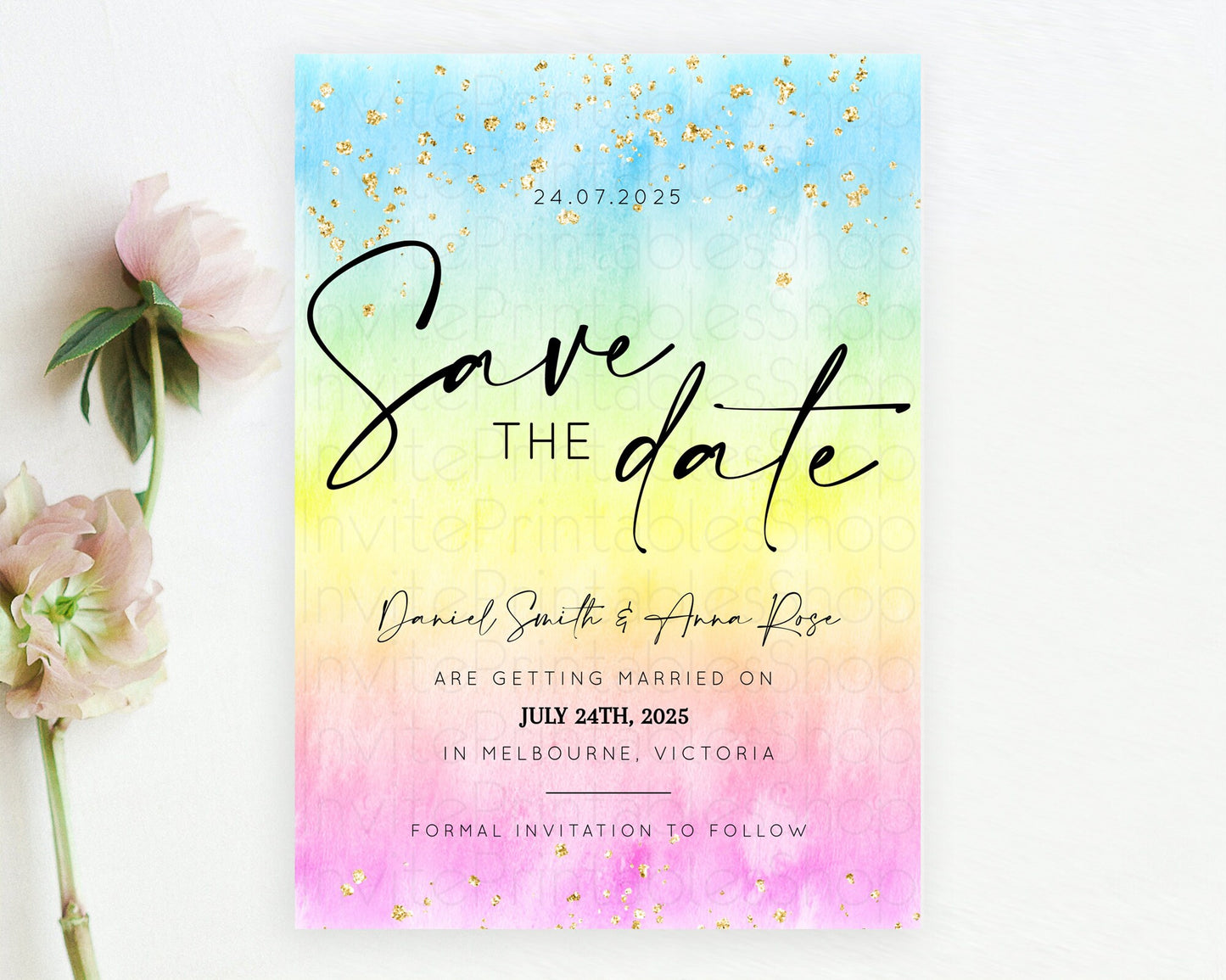 Pastel Save The Date Template Pastel Ombre Rainbow Watercolor Colorful Party For Birthday Baptism Baby Shower Wedding Bridal Shower D10483