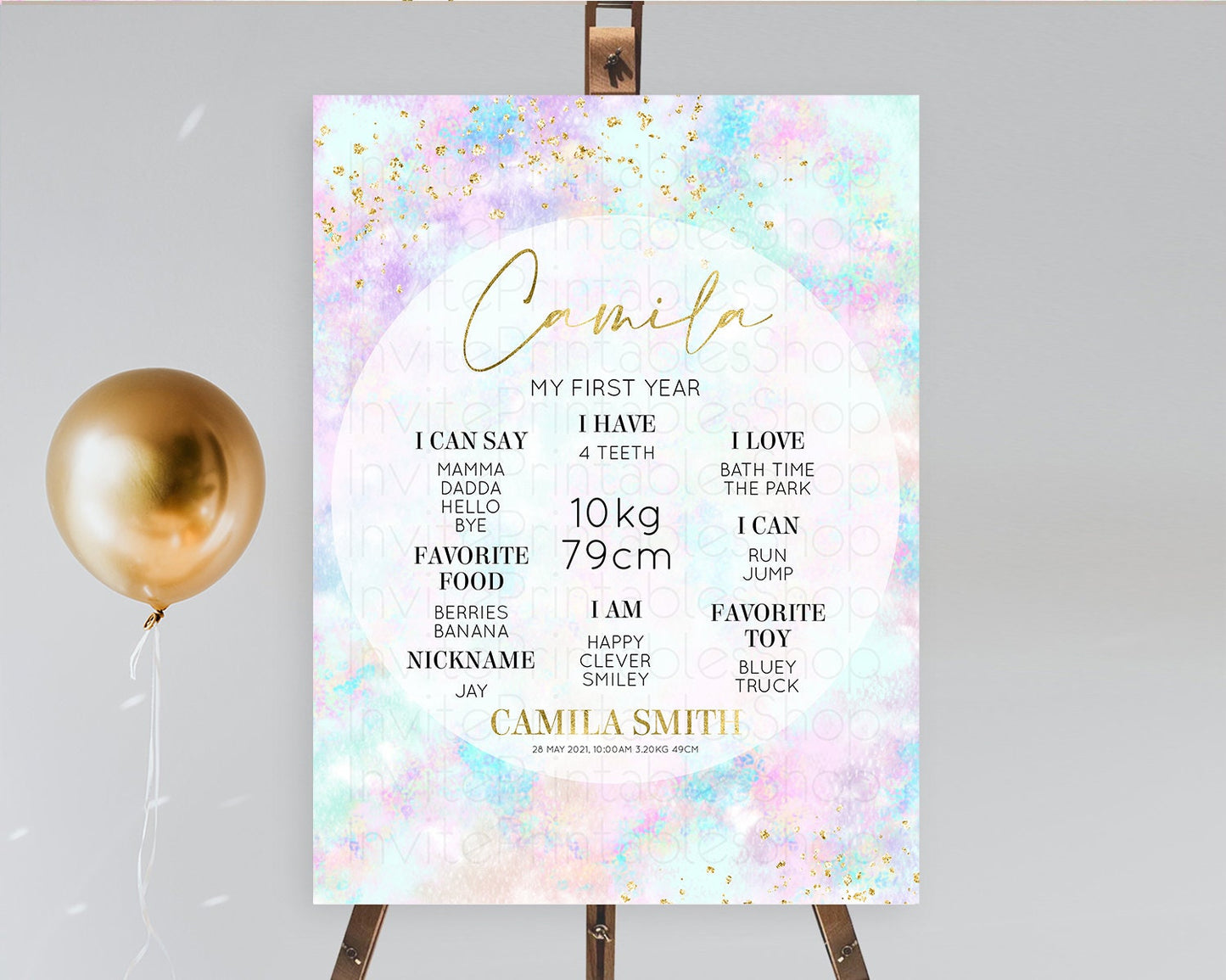 Pastel First Birthday Milestone Board Pastel Rainbow Milestone Poster Colorful Confetti Watercolor Glitter 1st Birthday Welcome Sign D10652