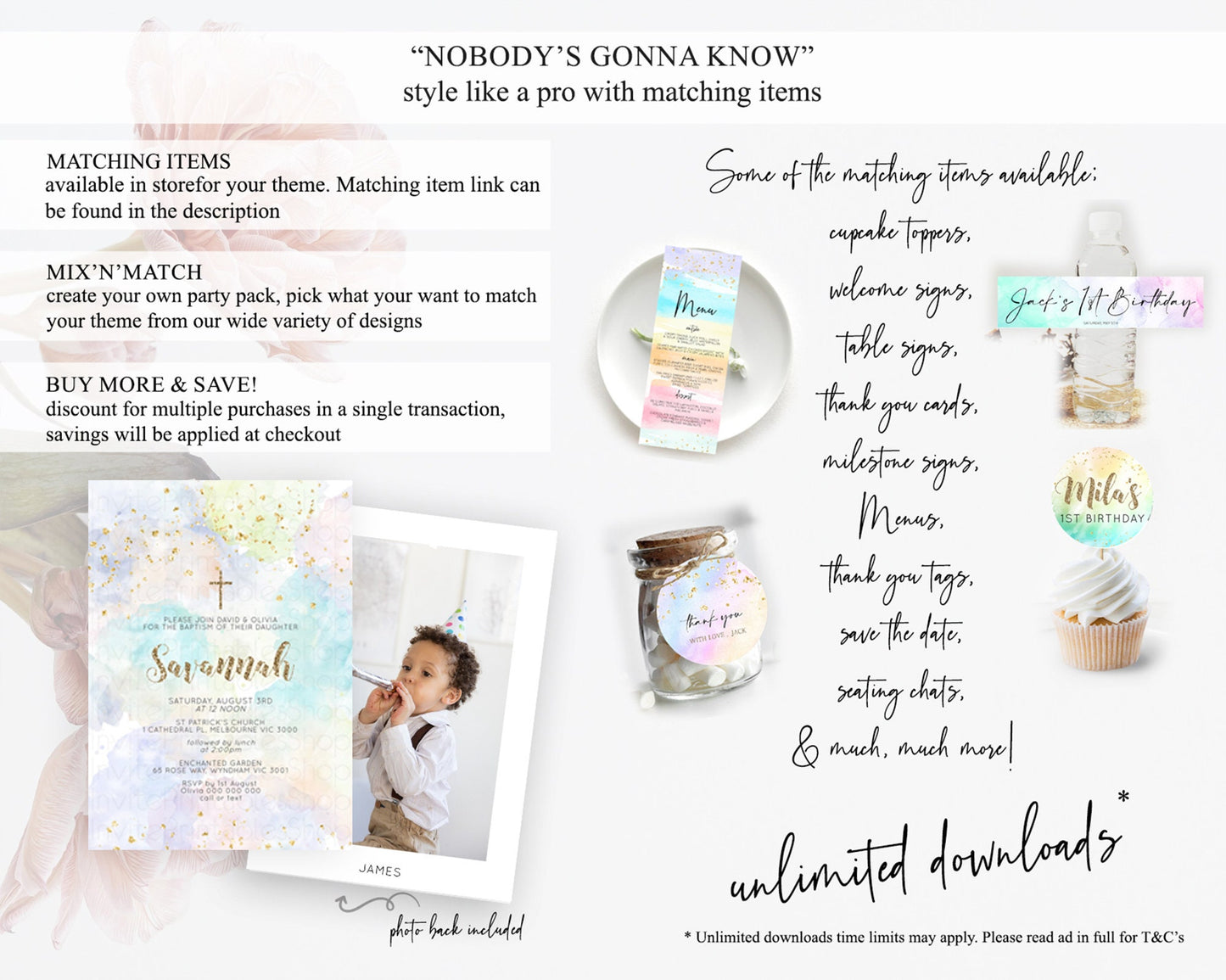 Pastel Baptism Invitation Pastel Colors Watercolor Baptism 1st Birthday Party Gold Ombre Pastel Rainbow Christening Holy Communion D10614