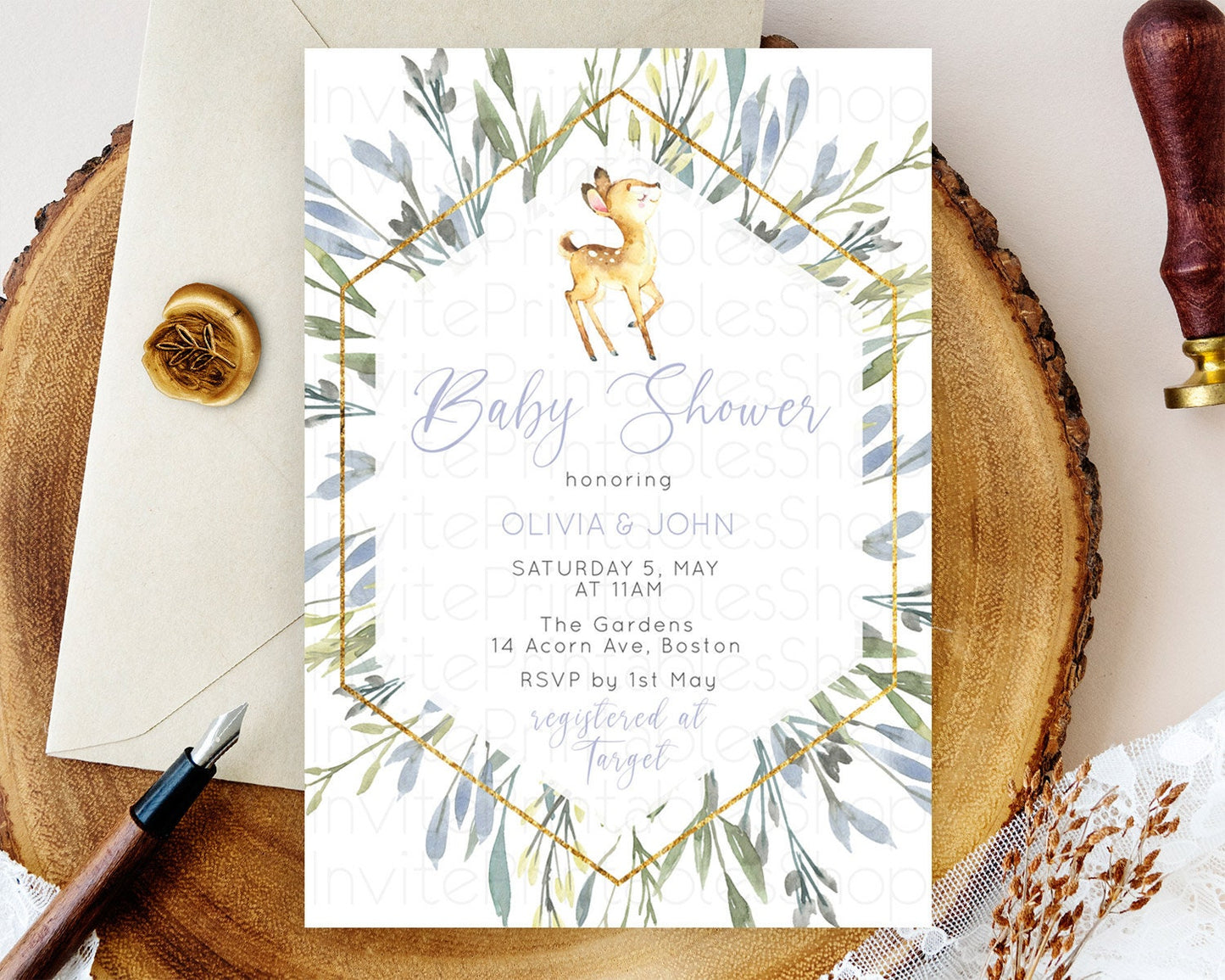 Editable Fawn Baby Shower Invitation, Forest Deer, Pastel Greenery, Whimsica