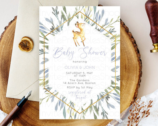 Editable Fawn Baby Shower Invitation, Forest Deer, Pastel Greenery, Whimsica