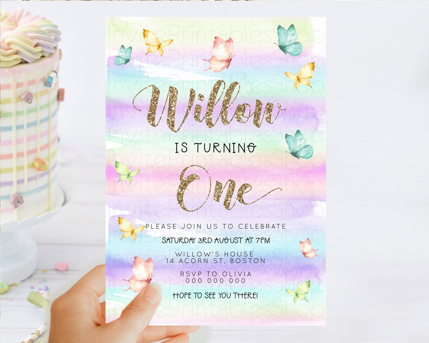 Pastel Butterfly Birthday Invitation Butterfly Birthday Invitation Colorful Splash Glitter Butterfly Garden 1st 2nd Birthday D23216