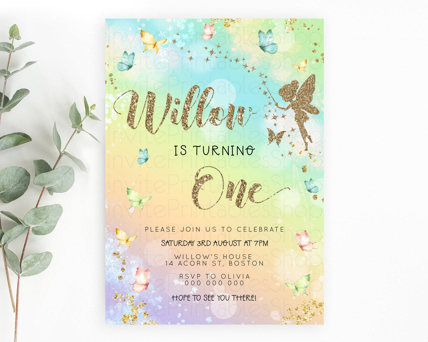 Pastel Fairy Birthday Invitation Pastel Butterflies Fairy Birthday Invitation Rainbow Ombre Watercolor 1st 2nd Birthday Invitation D23154