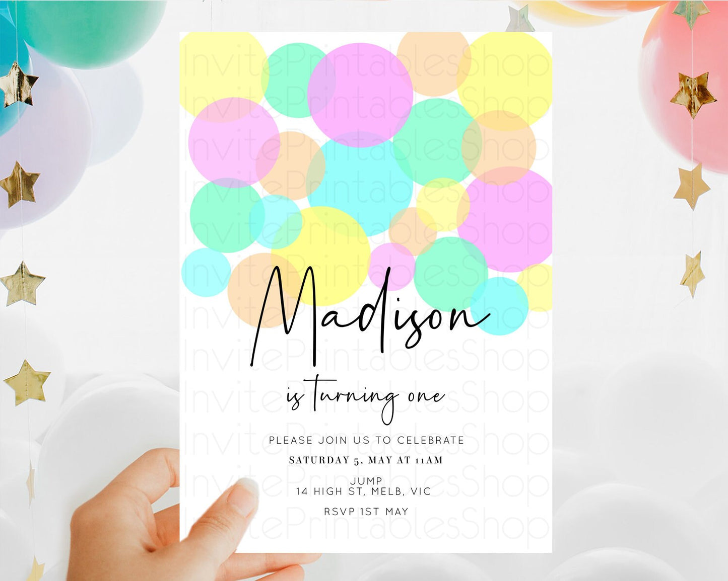 Pastel Birthday Invitation Pastel Confetti Birthday Invitation Bubbles Invitation Colorful Rainbow Confetti 2nd 1st First Birthday D10409