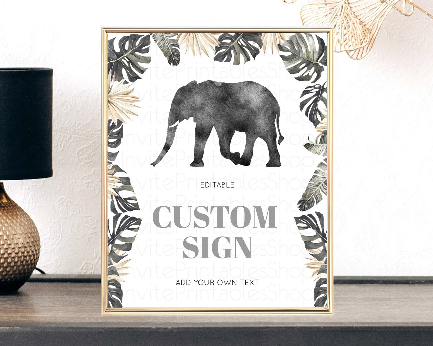 Elephant Sign Elephant Safari Adventure Party Table Sign Decor Dried Palm Fern Zoo 1st Birthday Baptism Baby Shower Bridal Shower D10803