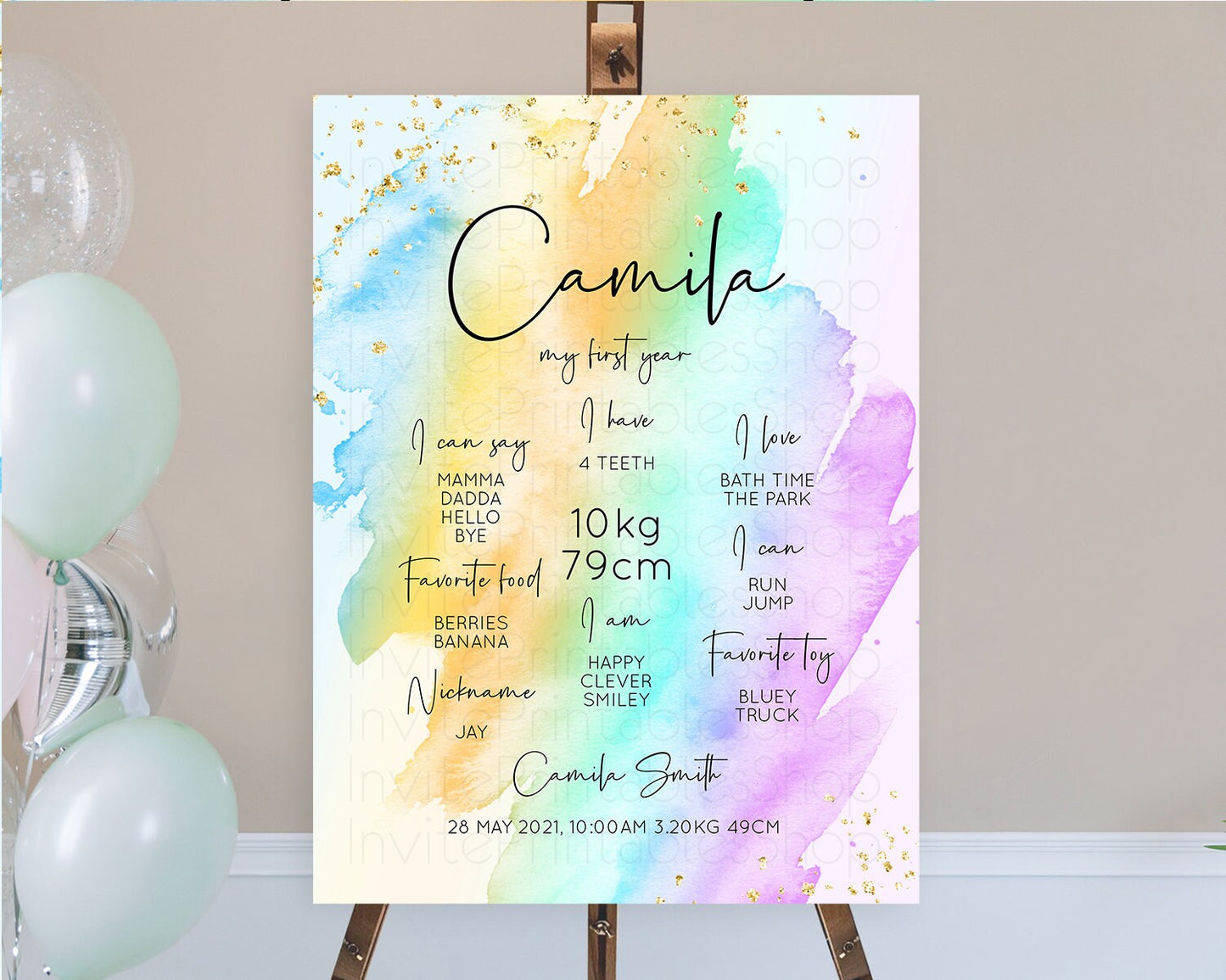 Pastel First Birthday Milestone Board Pastel Rainbow Milestone Poster Colorful Confetti Watercolor Glitter 1st Birthday Welcome Sign D10427