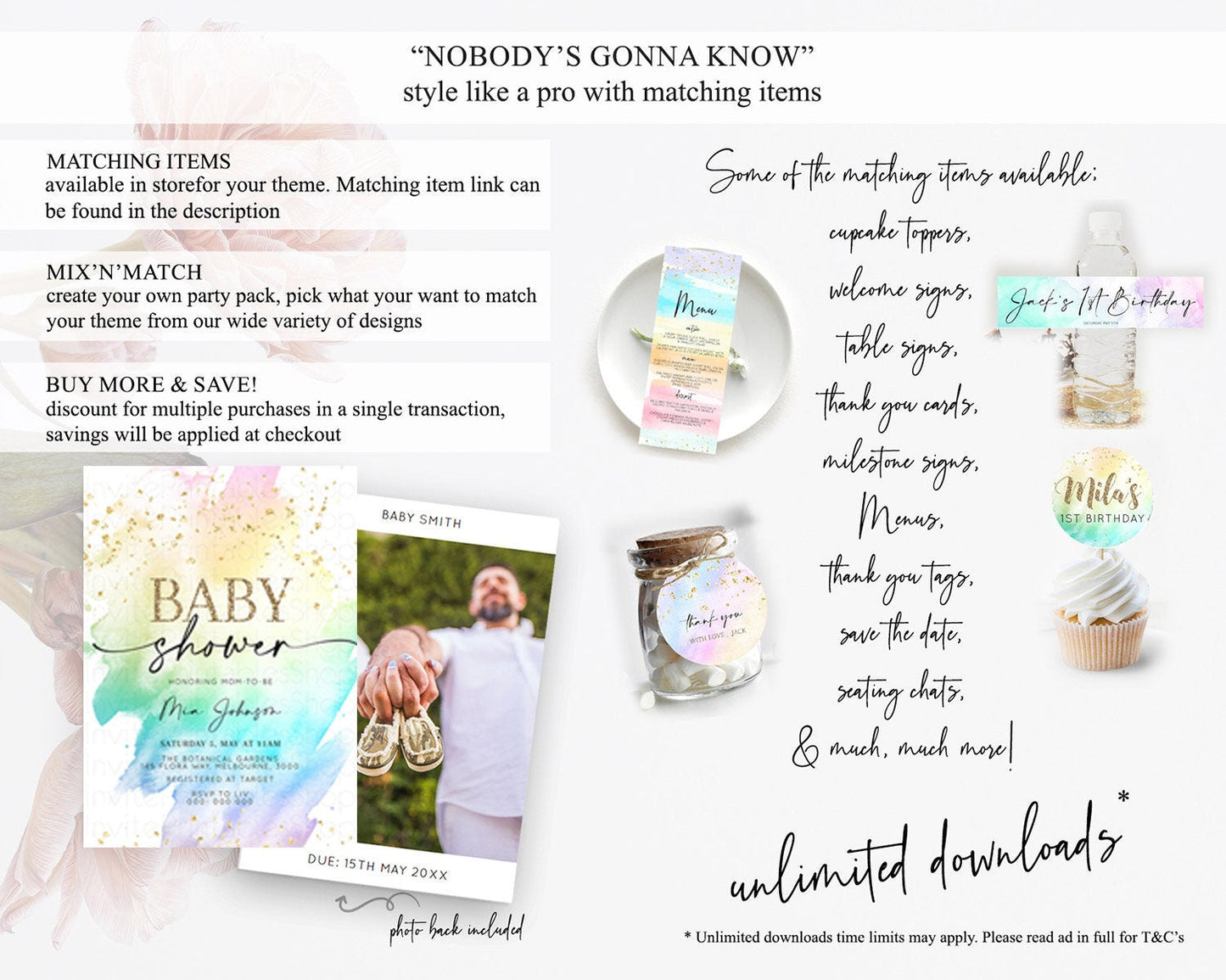 Pastel Rainbow Baby Shower Invitation, Colorful Watercolor Splash, Gold Glitter Confetti Sprinkles, Ombre Pink, Yellow, Blue, Purple D11028