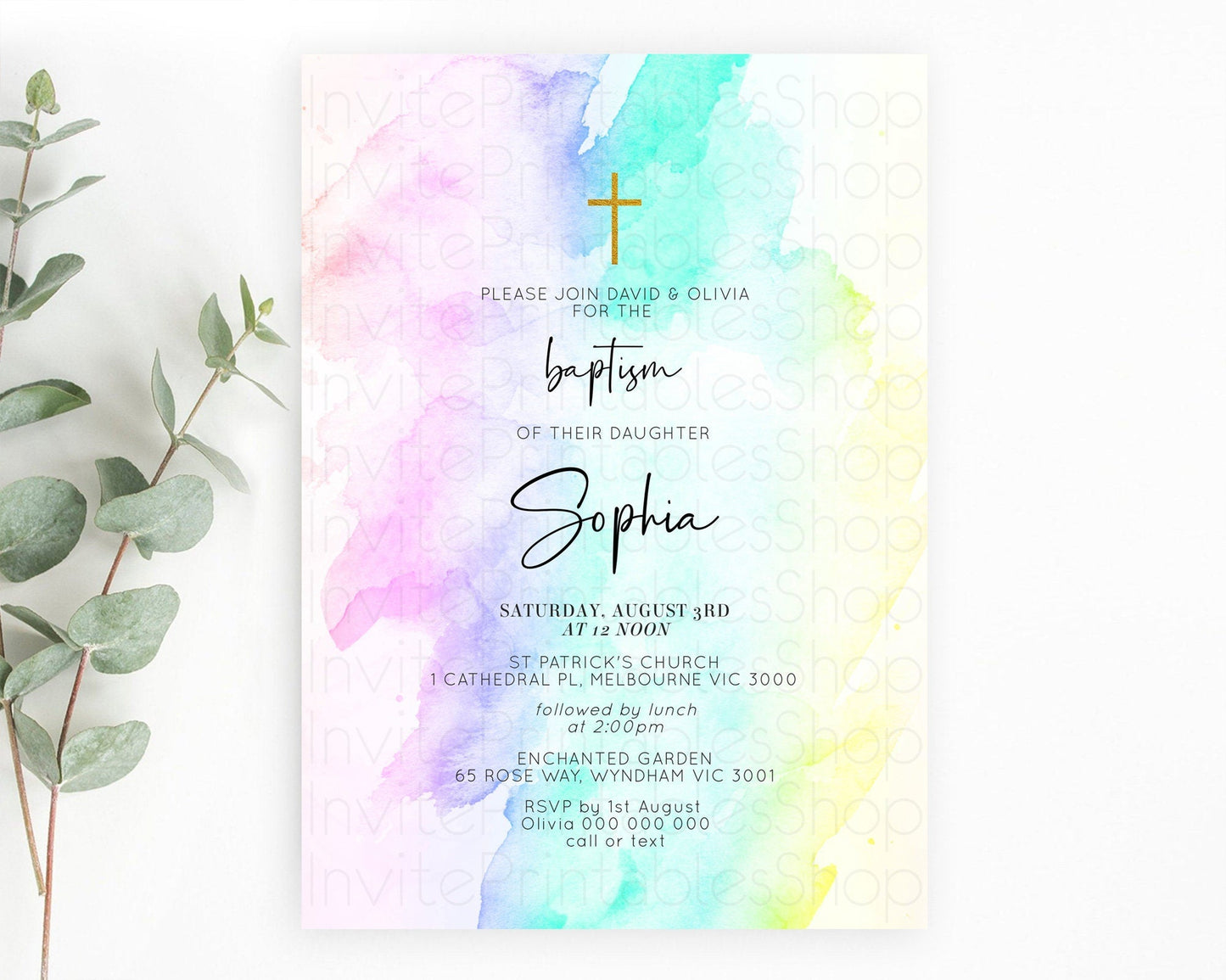 Pastel Baptism Invitation Pastel Colors Watercolor Baptism 1st Birthday Party Gold Ombre Pastel Rainbow Christening Holy Communion D10231