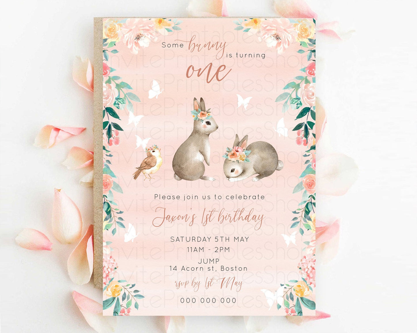 Bunny Birthday Invitation Floral Bunny Invitation Pastel Bunny Invites Pastel Watercolor Woodland Bunny Party 2nd 1st First Birthday D10922