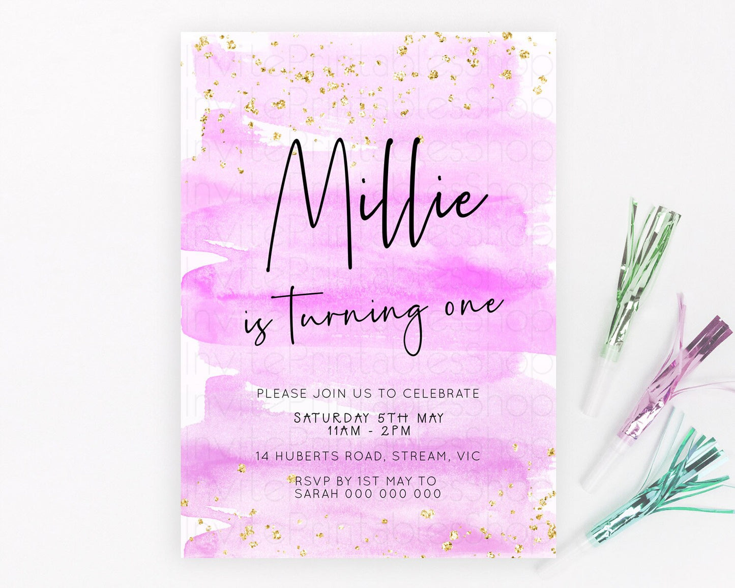 Pink Birthday Invitation pink Watercolor Invitation Pastel pink Watercolor Invitation pink Splash Gold Invitation 1st First Birthday D23048