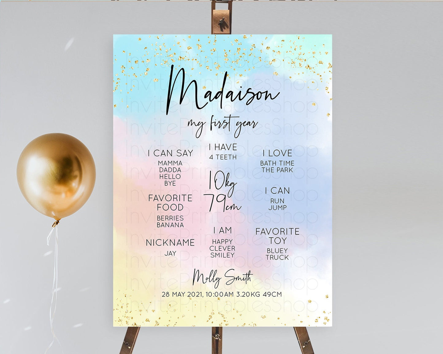 Pastel First Birthday Milestone Board Pastel Rainbow Milestone Poster Colorful Confetti Watercolor Glitter 1st Birthday Welcome Sign D10368