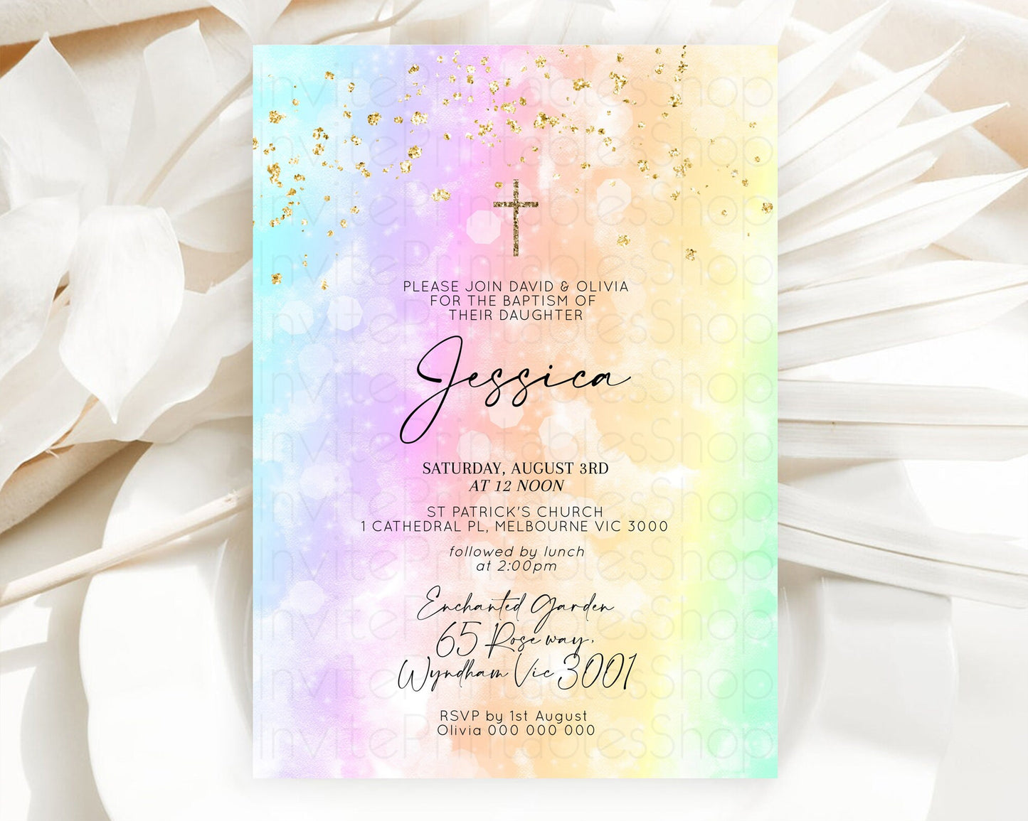 Pastel Baptism Invitation Pastel Colors Watercolor Baptism 1st Birthday Party Gold Ombre Pastel Rainbow Christening Holy Communion D10647