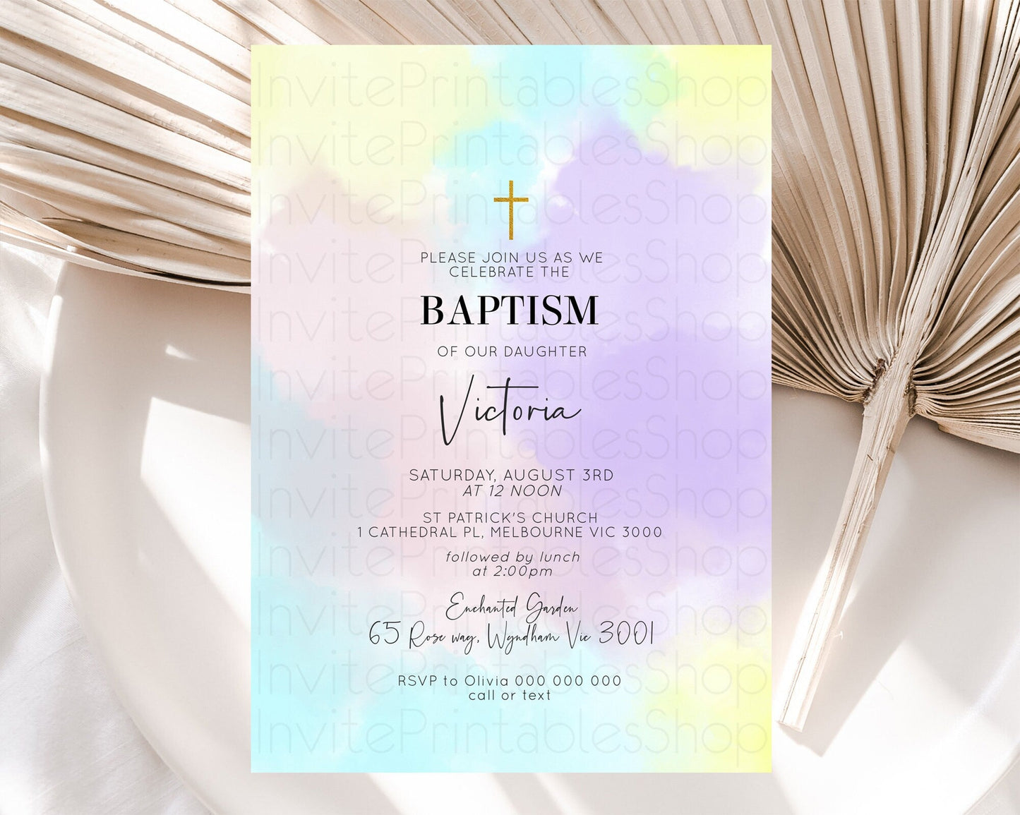 Pastel Baptism Invitation Pastel Colors Watercolor Baptism 1st Birthday Party Gold Ombre Pastel Rainbow Christening Holy Communion D10617
