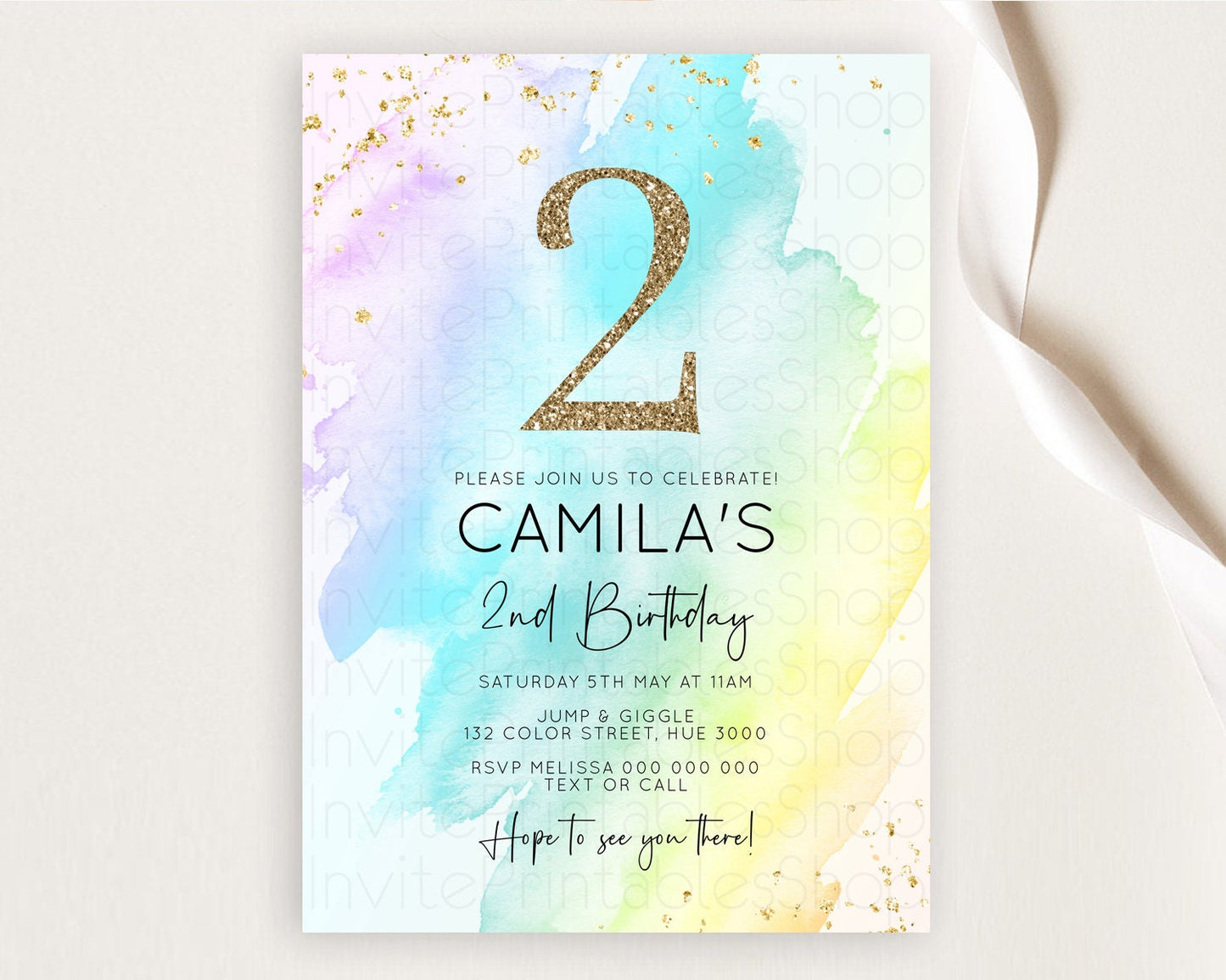 Rainbow Birthday Invitation Colorful Pastel Watercolor Invitation Gold Glitter Sprinkles Ombre Pastel 1st 2nd 3rd Birthday D10171