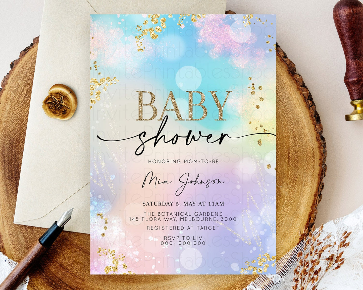 Editable Pastel Rainbow Baby Shower Invitation, Pastel Watercolor with Iride