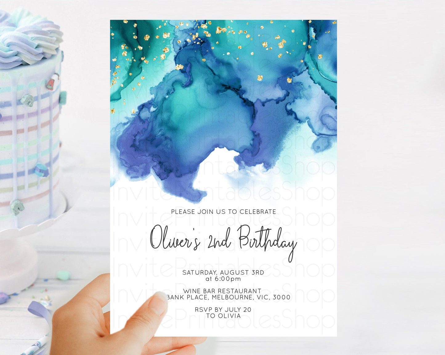 Blue Birthday Invitation Blue Watercolor Invitation Pastel Blue Watercolor Invitation Blue Splash Gold Invitation 1st First Birthday D11067