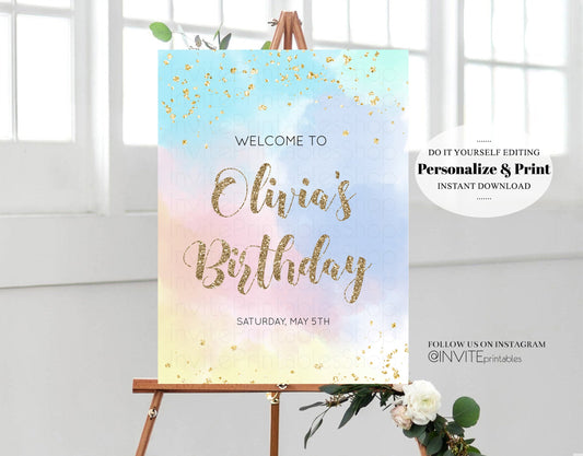 Rainbow Welcome Board Watercolor Pastel Welcome Sign Colorful Splash Glitter Poster 1st Birthday Poster Baby Shower Sign Bridal Shower Sign