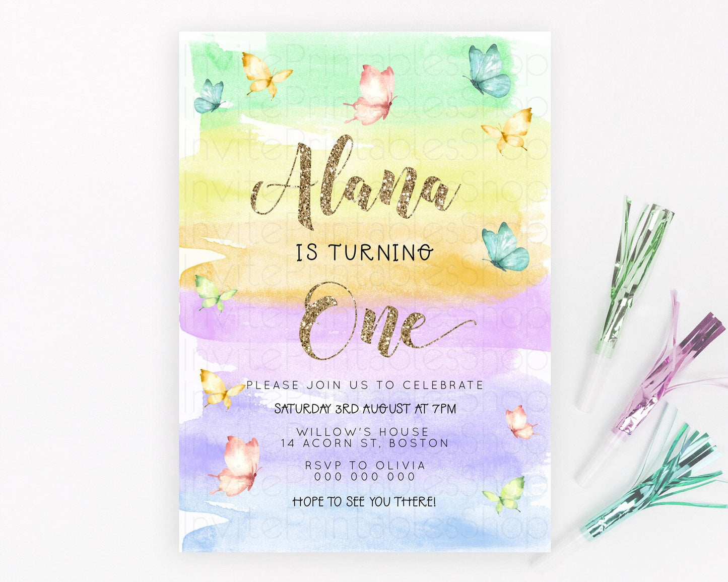 Pastel Butterfly Birthday Invitation Butterfly Birthday Invitation Colorful Splash Glitter Butterfly Garden 1st 2nd Birthday D23228