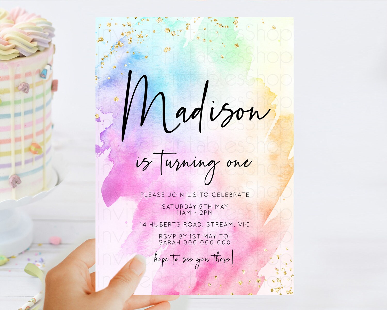 Editable Rainbow Birthday Invitation Colorful Pastel Watercolor Invitation G