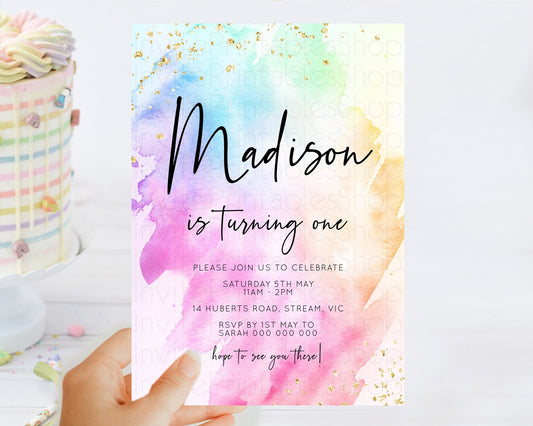 Editable Rainbow Birthday Invitation Colorful Pastel Watercolor Invitation G