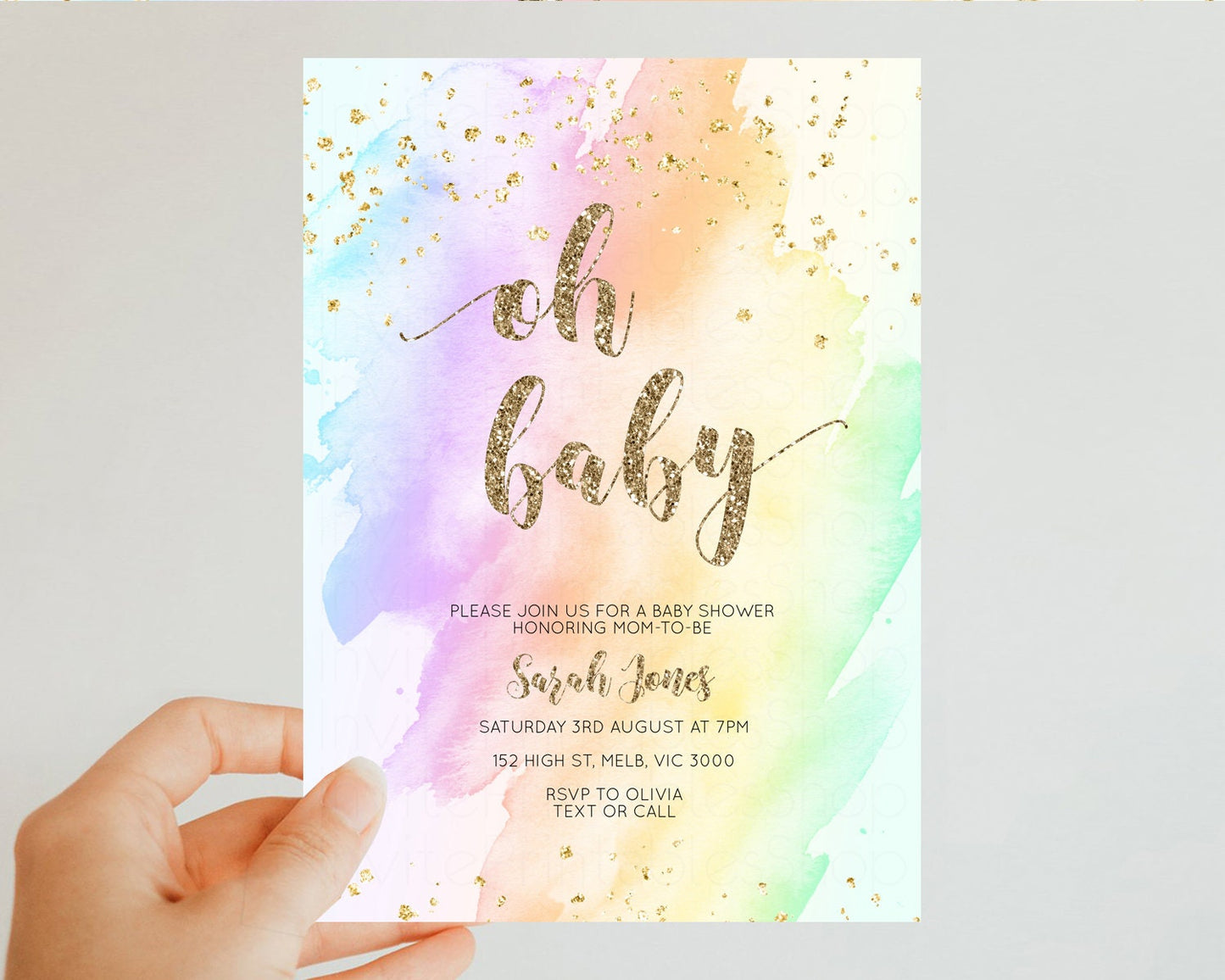 Rainbow Baby Shower Invitation Pastel Baby Shower Invitation Watercolor Ombre Invitation Rainbow Pastel Colors Invite Glitter Confetti g602