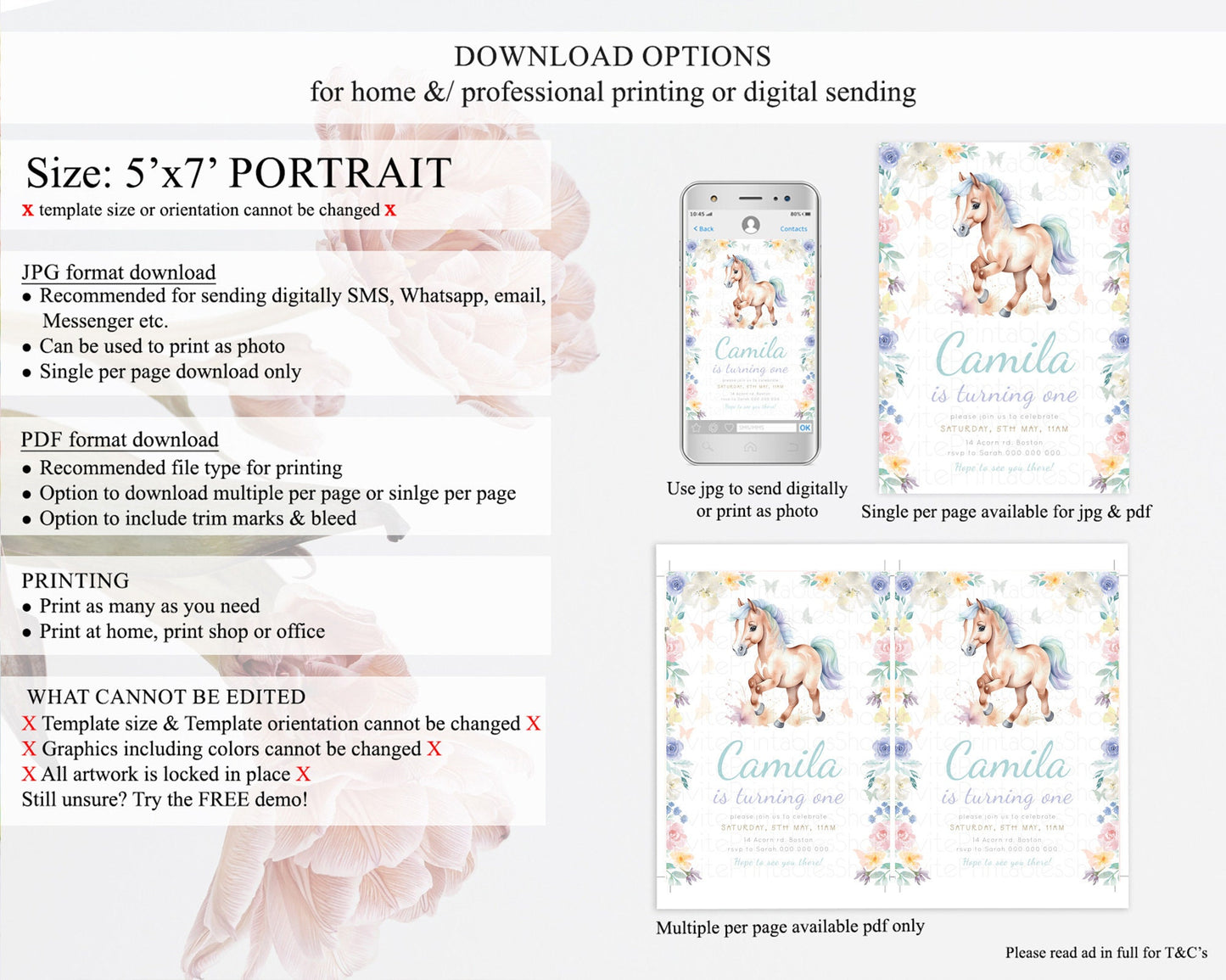 Horse Birthday Invitation, Galloping Wildflower Fields, Pastel Flowers, Butterflies, Flowers Accents for Equestrian & Cowgirls d23384