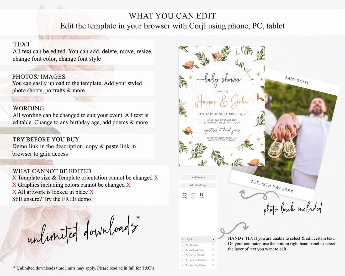 Citrus Baby Shower Invitation Orange Lemon Invitation Citrus Floral Garden Theme Citrus Floral Watercolor Invitation D10545