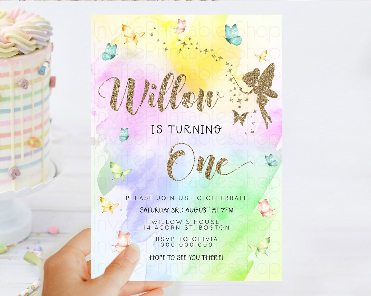 Pastel Fairy Birthday Invitation Pastel Butterflies Fairy Birthday Invitation Rainbow Ombre Watercolor 1st 2nd Birthday Invitation D23352