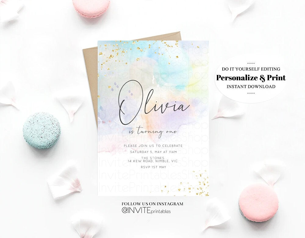 Watercolor Birthday Invitation Colorful Pastel Rainbow Splash Ombre Ink Paint Purple Blue Yellow Modern Simple Custom Printable 136