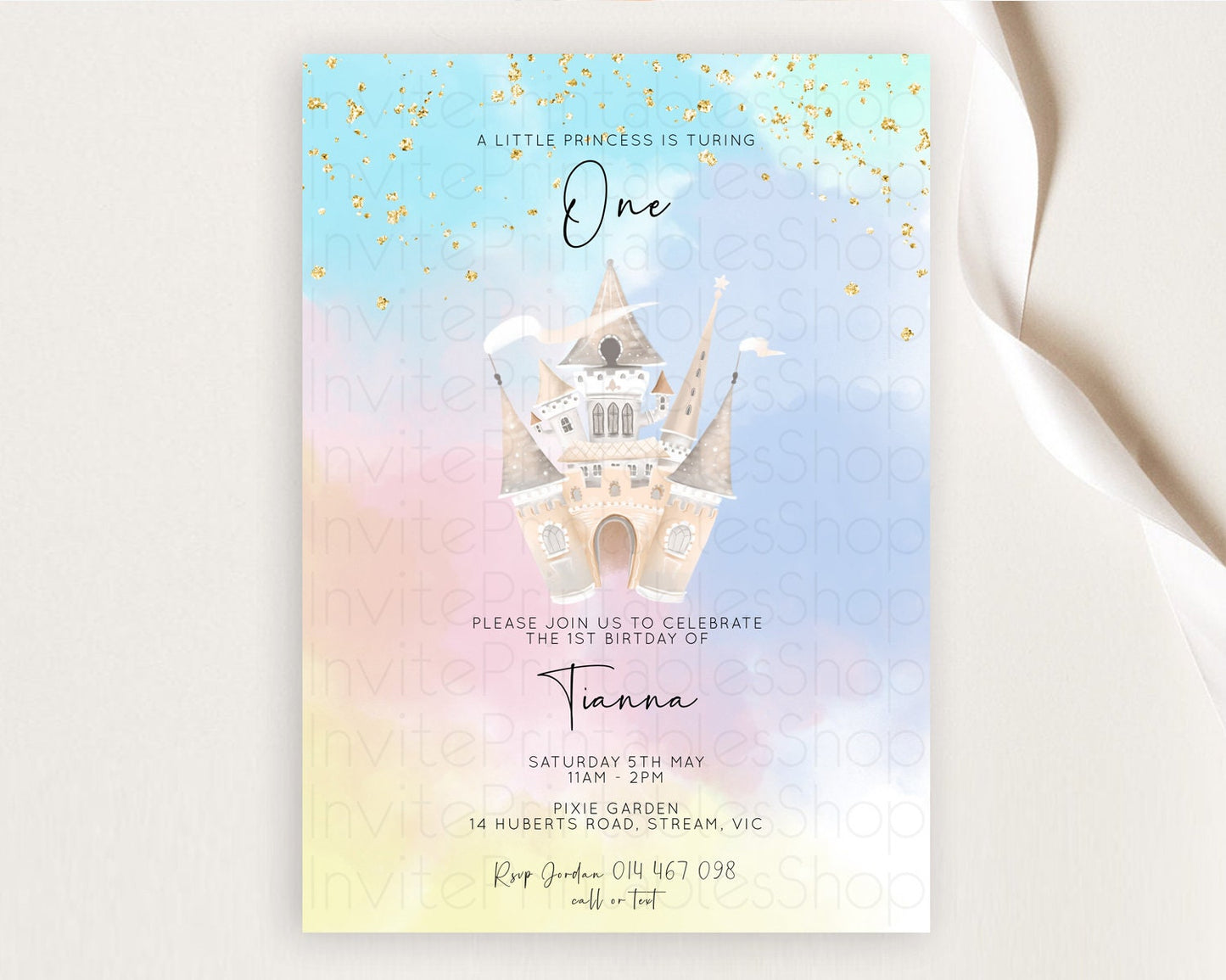 Princess Birthday Invitation Princess Invitation Pastel Invitation Royal Birthday Rainbow Color Enchanted Castle 1st First Birthday D10376