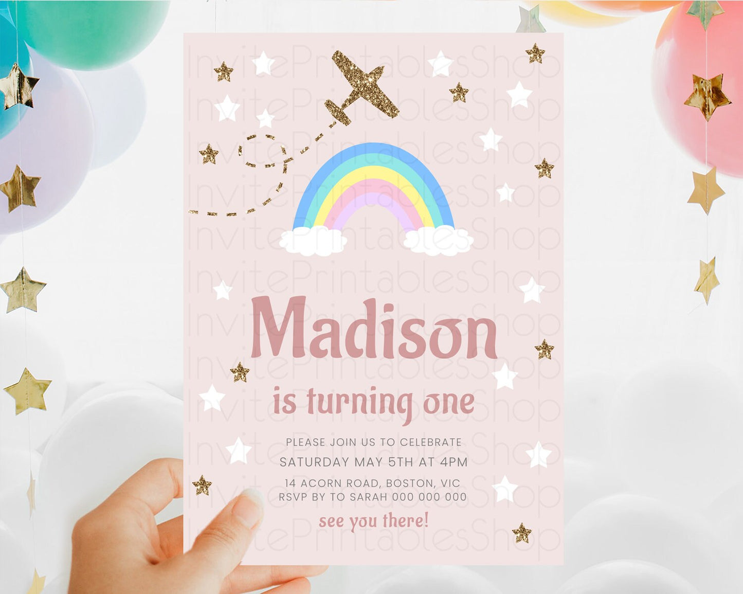 Plane Birthday Invitation Plane Invite Pastel Rainbow Clouds Stars Party Adventure Awaits Up Up Away Glitter 2nd 1st First Birthday D10297